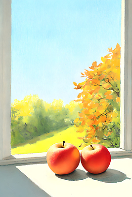 JPG 나무 일러스트 창문 하늘 사람없음 사과 숲 창가 국내일러스트 AI일러스트 AI콘텐츠 식물 과일 파일형식