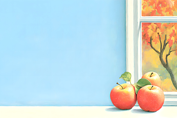 JPG 나무 하늘색 잎 일러스트 창문 사람없음 사과 창가 국내일러스트 AI일러스트 AI콘텐츠 식물 과일 파란색 파일형식