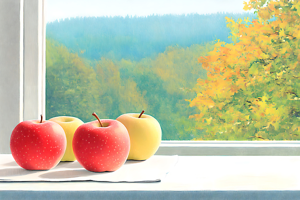 JPG 나무 일러스트 창문 산 사람없음 사과 숲 창가 국내일러스트 AI일러스트 AI콘텐츠 식물 과일 파일형식