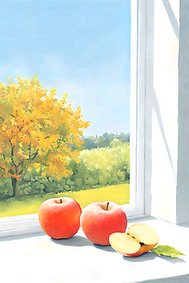 JPG 나무 잎 일러스트 창문 하늘 사람없음 사과 숲 창가 반쪽사과 국내일러스트 AI일러스트 AI콘텐츠 식물 과일 파일형식