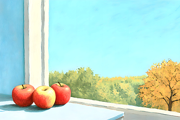 JPG 나무 하늘색 일러스트 창문 하늘 사람없음 사과 숲 창가 국내일러스트 AI일러스트 AI콘텐츠 식물 과일 파란색 파일형식