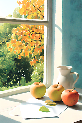 JPG 나무 종이 잎 일러스트 창문 사람없음 도자기 사과 창가 국내일러스트 AI일러스트 AI콘텐츠 식물 과일 파일형식