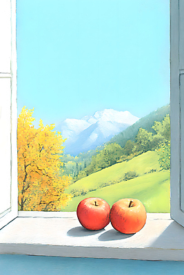 JPG 나무 일러스트 창문 하늘 산 사람없음 사과 숲 창가 국내일러스트 AI일러스트 AI콘텐츠 식물 과일 파일형식