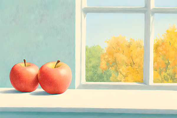 JPG 나무 일러스트 창문 하늘 사람없음 사과 창가 국내일러스트 AI일러스트 AI콘텐츠 식물 과일 파일형식