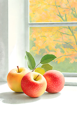 JPG 나무 잎 일러스트 창문 사람없음 사과 창가 국내일러스트 AI일러스트 AI콘텐츠 식물 과일 파일형식