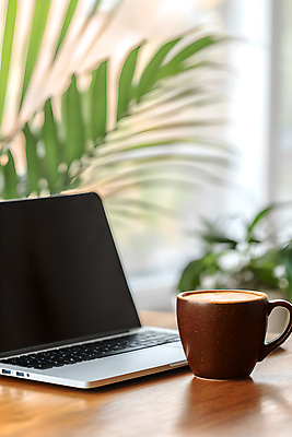 JPG 편집이미지 커피 사람없음 컵 노트북 사무실 책상 디지털합성 편집실사 AI포토 AI콘텐츠 식기 음료 가구 비즈니스 전자제품 CG 파일형식