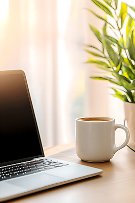 JPG 편집이미지 화분 커피 사람없음 컵 노트북 사무실 햇빛 커튼 책상 디지털합성 편집실사 AI포토 AI콘텐츠 식기 음료 가구 비즈니스 전자제품 태양 CG 파일형식