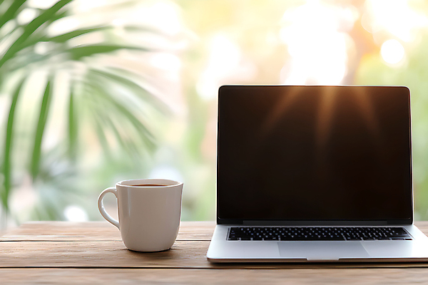 JPG 편집이미지 커피 잎 사람없음 컵 노트북 빛 사무실 햇빛 책상 디지털합성 편집실사 AI포토 AI콘텐츠 식물 식기 음료 가구 비즈니스 전자제품 태양 CG 파일형식