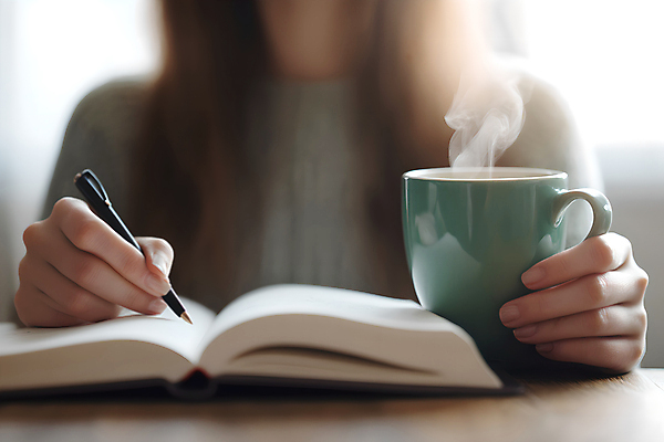 JPG 편집이미지 여자 여유 한명 상반신 성인 앞모습 사무실 펜 공책 기록 잡기 연기 차 디지털합성 성인여자한명만 편집실사 AI인물포토 AI콘텐츠 1 감정 음료 뷰포인트 비즈니스 모션 문구용품 사람 필기구 CG 여자한명만 성인여자만 파일형식 AI포토