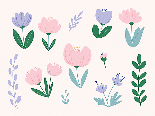 꽃 분홍색 스티커 잎 일러스트 사람없음 엘리먼트 국내일러스트 AI파일 식물 컬러 파일형식 벡터