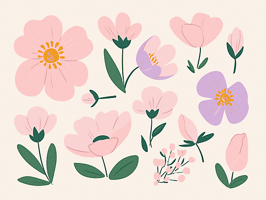 꽃 분홍색 스티커 잎 일러스트 사람없음 꽃봉오리 엘리먼트 국내일러스트 AI파일 식물 컬러 파일형식 벡터