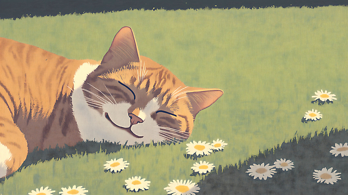 JPG 꽃 일러스트 그림자 미소 잔디 사람없음 눕기 고양이 잠 국내일러스트 AI일러스트 AI콘텐츠 식물 포유류 모션 표정 반려동물 파일형식