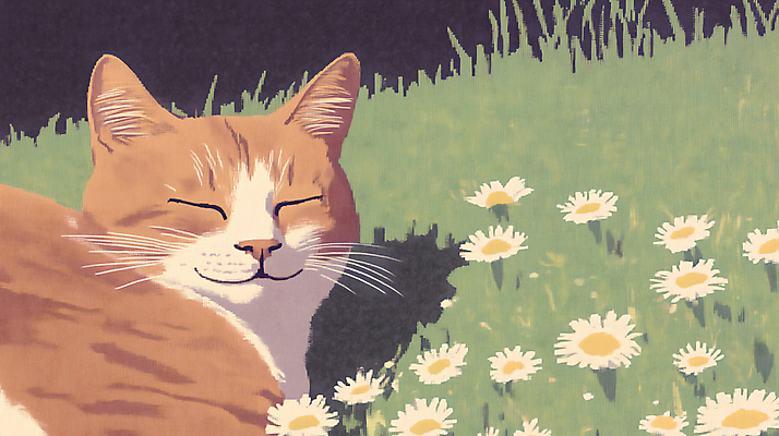 JPG 꽃 일러스트 그림자 미소 잔디 사람없음 눕기 고양이 잠 국내일러스트 AI일러스트 AI콘텐츠 식물 포유류 모션 표정 반려동물 파일형식