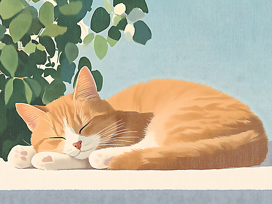 JPG 식물 잎 일러스트 미소 사람없음 눕기 고양이 잠 창가 국내일러스트 AI일러스트 AI콘텐츠 창문 포유류 모션 표정 반려동물 파일형식