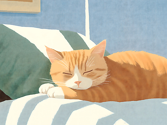 JPG 일러스트 베개 사람없음 눕기 고양이 침대 잠 국내일러스트 AI일러스트 AI콘텐츠 가구 포유류 침구 모션 반려동물 파일형식