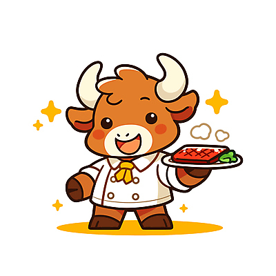 접시 음식 일러스트 스테이크 요리 웃음 들기 사람없음 반짝임 갈색 요리사 소 조리복 소캐릭터 일러캐릭터 AI파일 직업 캐릭터 식기 컬러 동물캐릭터 유니폼 포유류 모션 서양음식 표정 파일형식 벡터