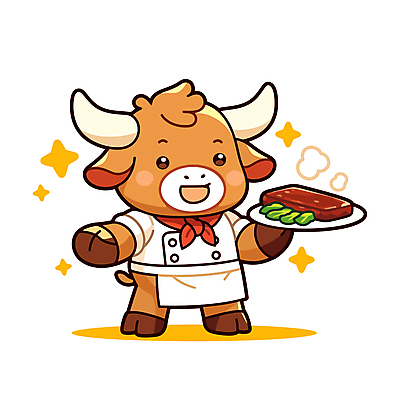 접시 음식 일러스트 스테이크 요리 웃음 들기 사람없음 반짝임 갈색 요리사 소 조리복 소캐릭터 일러캐릭터 AI파일 직업 캐릭터 식기 컬러 동물캐릭터 유니폼 포유류 모션 서양음식 표정 파일형식 벡터