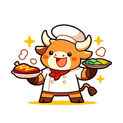 접시 음식 채소 일러스트 요리사모자 스테이크 요리 웃음 들기 사람없음 반짝임 갈색 요리사 소 조리복 소캐릭터 일러캐릭터 AI파일 직업 캐릭터 모자_잡화 식기 컬러 동물캐릭터 유니폼 포유류 모션 서양음식 표정 파일형식 벡터
