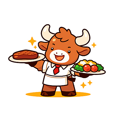 접시 음식 채소 일러스트 스테이크 요리 웃음 들기 사람없음 반짝임 갈색 요리사 소 조리복 소캐릭터 일러캐릭터 AI파일 직업 캐릭터 식기 컬러 동물캐릭터 유니폼 포유류 모션 서양음식 표정 파일형식 벡터