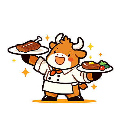 접시 음식 일러스트 스테이크 요리 웃음 들기 사람없음 반짝임 갈색 요리사 소 조리복 소캐릭터 일러캐릭터 AI파일 직업 캐릭터 식기 컬러 동물캐릭터 유니폼 포유류 모션 서양음식 표정 파일형식 벡터