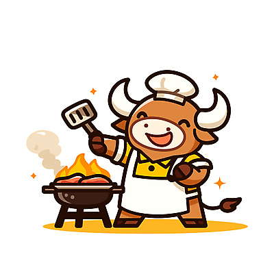 음식 일러스트 요리사모자 요리 웃음 들기 사람없음 반짝임 갈색 요리사 앞치마 소 그릴 굽기 뒤집개 화로 소캐릭터 일러캐릭터 AI파일 직업 캐릭터 모자_잡화 그릇 컬러 동물캐릭터 포유류 모션 주방용품 표정 구이 파일형식 벡터