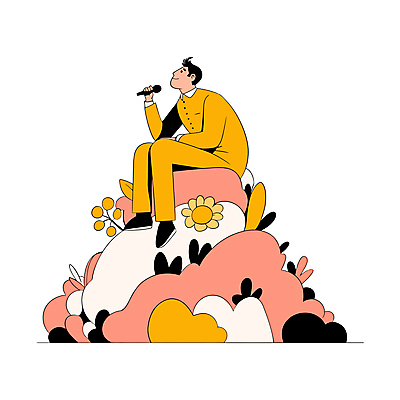 전신 식물 남자 꽃 분홍색 일러스트 비즈니스 한명 앉기 성인 노란색 발표 마이크 성인남자한명만 국내일러스트 AI파일 1 컬러 음향기기 모션 사람 남자한명만 성인남자만 파일형식 벡터