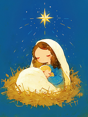 JPG 여자 남자 별 기독교 종교 일러스트 가족 안기 성인 두명 평화 천주교 아기 잠 축복 건초더미 마리아 아기예수 국내일러스트 AI일러스트 AI콘텐츠 자연요소 컨셉 관계 모션 사람 예수 건초 파일형식 더미