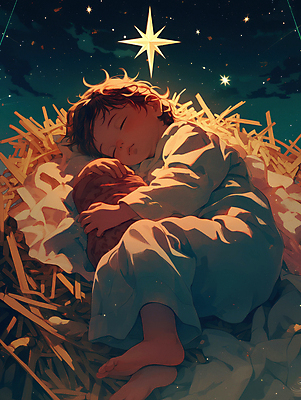 JPG 여자 남자 별 기독교 종교 일러스트 가족 안기 성인 두명 평화 천주교 아기 잠 축복 건초더미 마리아 아기예수 국내일러스트 AI일러스트 AI콘텐츠 자연요소 컨셉 관계 모션 사람 예수 건초 파일형식 더미