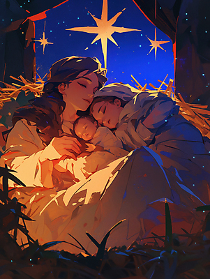 JPG 여자 남자 별 기독교 종교 어린이 일러스트 가족 안기 성인 세명 평화 천주교 아기 잠 축복 건초더미 마리아 아기예수 국내일러스트 AI일러스트 AI콘텐츠 자연요소 컨셉 관계 모션 사람 예수 건초 파일형식 더미