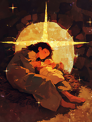 JPG 여자 남자 별 기독교 종교 일러스트 가족 안기 성인 두명 평화 천주교 아기 잠 축복 건초더미 마리아 아기예수 국내일러스트 AI일러스트 AI콘텐츠 자연요소 컨셉 관계 모션 사람 예수 건초 파일형식 더미