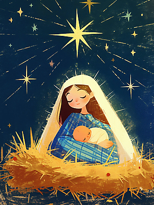 JPG 여자 남자 별 기독교 종교 일러스트 가족 안기 성인 두명 평화 천주교 아기 잠 축복 건초더미 마리아 아기예수 국내일러스트 AI일러스트 AI콘텐츠 자연요소 컨셉 관계 모션 사람 예수 건초 파일형식 더미