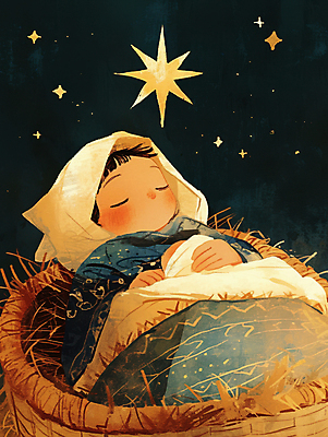 JPG 여자 남자 별 기독교 종교 일러스트 가족 안기 성인 두명 평화 천주교 아기 잠 축복 건초더미 마리아 아기예수 국내일러스트 AI일러스트 AI콘텐츠 자연요소 컨셉 관계 모션 사람 예수 건초 파일형식 더미