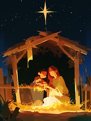 JPG 전신 여자 남자 별 기독교 종교 일러스트 가족 안기 성인 두명 평화 천주교 아기 잠 축복 건초더미 마리아 아기예수 여물통 국내일러스트 AI일러스트 AI콘텐츠 자연요소 컨셉 관계 모션 사람 예수 건초 파일형식 더미