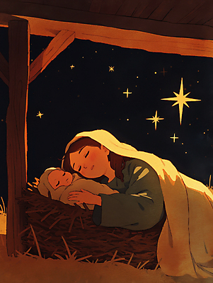 JPG 여자 남자 별 기독교 종교 일러스트 가족 안기 성인 두명 평화 천주교 아기 잠 축복 건초더미 마리아 아기예수 국내일러스트 AI일러스트 AI콘텐츠 자연요소 컨셉 관계 모션 사람 예수 건초 파일형식 더미