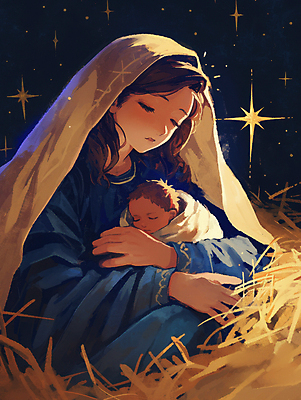 JPG 여자 남자 별 기독교 종교 일러스트 가족 안기 성인 두명 평화 천주교 아기 잠 축복 건초더미 마리아 아기예수 국내일러스트 AI일러스트 AI콘텐츠 자연요소 컨셉 관계 모션 사람 예수 건초 파일형식 더미