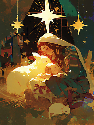 JPG 동물 여자 남자 별 리본 기독교 종교 일러스트 가족 안기 성인 두명 평화 천주교 아기 토끼 잠 양 축복 건초더미 마리아 아기예수 국내일러스트 AI일러스트 AI콘텐츠 자연요소 컨셉 포유류 관계 모션 사람 반려동물 예수 건초 파일형식 더미