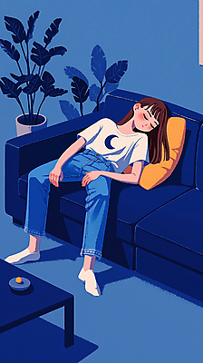 JPG 전신 여자 화분 쿠션 일러스트 휴식 실내 그림자 한명 성인 파란색 소파 기댐 달 잠 편안함 성인여자한명만 국내일러스트 AI일러스트 AI콘텐츠 자연요소 1 컬러 컨셉 의자 모션 사람 내부 감각 여자한명만 성인여자만 파일형식