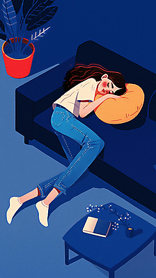 JPG 전신 여자 화분 쿠션 일러스트 휴식 실내 그림자 한명 성인 책 파란색 소파 기댐 잠 편안함 웅크림 성인여자한명만 국내일러스트 AI일러스트 AI콘텐츠 1 컬러 컨셉 의자 모션 사람 내부 감각 여자한명만 성인여자만 파일형식