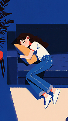 JPG 전신 여자 화분 쿠션 일러스트 안기 휴식 실내 그림자 한명 성인 파란색 소파 기댐 잠 편안함 웅크림 성인여자한명만 국내일러스트 AI일러스트 AI콘텐츠 1 컬러 컨셉 의자 모션 사람 내부 감각 여자한명만 성인여자만 파일형식