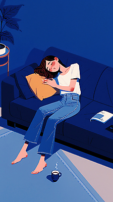 JPG 전신 여자 화분 쿠션 일러스트 휴식 실내 그림자 한명 앉기 성인 책 컵 파란색 소파 기댐 잠 연기 편안함 성인여자한명만 국내일러스트 AI일러스트 AI콘텐츠 1 식기 컬러 컨셉 의자 모션 사람 내부 감각 여자한명만 성인여자만 파일형식