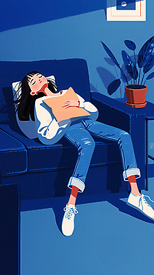 JPG 전신 여자 화분 쿠션 일러스트 안기 휴식 실내 그림자 한명 성인 파란색 소파 눕기 기댐 잠 편안함 성인여자한명만 국내일러스트 AI일러스트 AI콘텐츠 1 컬러 컨셉 의자 모션 사람 내부 감각 여자한명만 성인여자만 파일형식