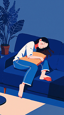 JPG 전신 여자 화분 쿠션 일러스트 안기 휴식 실내 그림자 한명 성인 파란색 소파 기댐 잠 편안함 웅크림 성인여자한명만 국내일러스트 AI일러스트 AI콘텐츠 1 컬러 컨셉 의자 모션 사람 내부 감각 여자한명만 성인여자만 파일형식