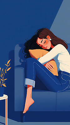 JPG 전신 여자 화분 쿠션 일러스트 안기 탁자 휴식 실내 그림자 한명 성인 파란색 소파 기댐 잠 편안함 웅크림 성인여자한명만 국내일러스트 AI일러스트 AI콘텐츠 1 컬러 가구 컨셉 의자 모션 사람 내부 감각 여자한명만 성인여자만 파일형식