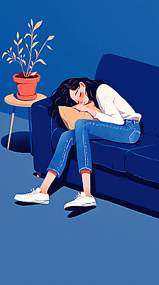 JPG 전신 여자 화분 쿠션 일러스트 안기 탁자 휴식 실내 그림자 한명 성인 파란색 소파 기댐 잠 편안함 웅크림 성인여자한명만 국내일러스트 AI일러스트 AI콘텐츠 1 컬러 가구 컨셉 의자 모션 사람 내부 감각 여자한명만 성인여자만 파일형식
