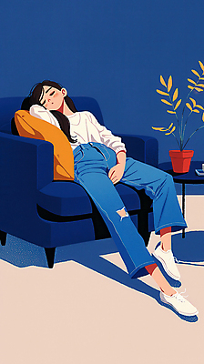 JPG 전신 여자 화분 쿠션 일러스트 탁자 휴식 실내 그림자 한명 성인 파란색 소파 손들기 기댐 잠 편안함 성인여자한명만 국내일러스트 AI일러스트 AI콘텐츠 1 컬러 가구 컨셉 의자 모션 사람 내부 감각 여자한명만 성인여자만 파일형식