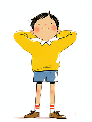 JPG 전신 남자 어린이 일러스트 한명 미소 소년 캐주얼 노란색 손들기 귀여움 편안함 소년한명만 국내일러스트 AI일러스트 AI콘텐츠 1 옷 컬러 컨셉 모션 표정 사람 감각 남자한명만 소년만 파일형식