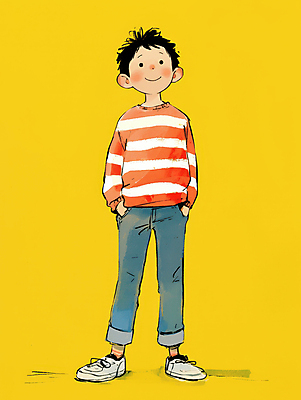 JPG 전신 남자 어린이 일러스트 한명 미소 소년 캐주얼 노란색 귀여움 줄무늬 편안함 주머니손 소년한명만 국내일러스트 AI일러스트 AI콘텐츠 1 옷 컬러 컨셉 무늬 모션 표정 사람 감각 남자한명만 소년만 파일형식