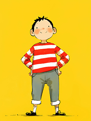 JPG 전신 남자 어린이 허리손 일러스트 한명 미소 소년 캐주얼 노란색 귀여움 줄무늬 편안함 소년한명만 국내일러스트 AI일러스트 AI콘텐츠 1 옷 컬러 포즈 컨셉 무늬 표정 사람 감각 남자한명만 소년만 파일형식