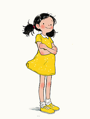 JPG 전신 원피스 여자 어린이 일러스트 한명 미소 소녀 캐주얼 노란색 팔짱 귀여움 편안함 소녀한명만 국내일러스트 AI일러스트 AI콘텐츠 1 옷 컬러 컨셉 모션 표정 사람 감각 여자한명만 소녀만 파일형식