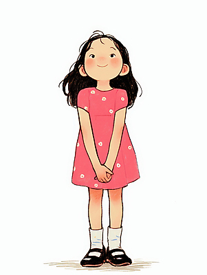 JPG 전신 원피스 여자 어린이 분홍색 일러스트 한명 미소 소녀 캐주얼 귀여움 물방울무늬 편안함 손모으기 소녀한명만 국내일러스트 AI일러스트 AI콘텐츠 1 옷 컬러 컨셉 무늬 표정 사람 손짓 감각 여자한명만 소녀만 파일형식